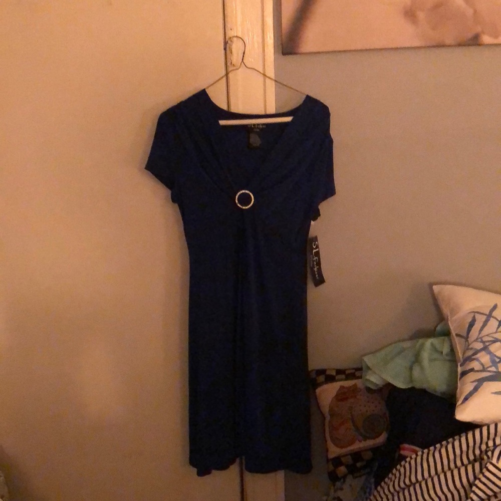 Navy v-neck cocktail dress with embellishment